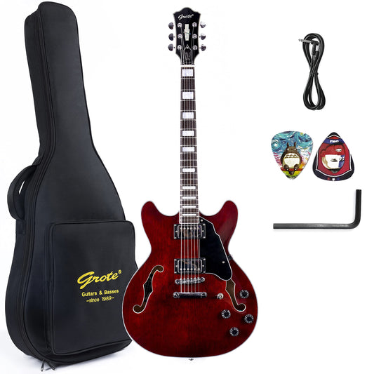 Grote Electric Jazz Guitar Semi-Hollow Body Multi-ply Binding Humbucker Pickups Picks Case