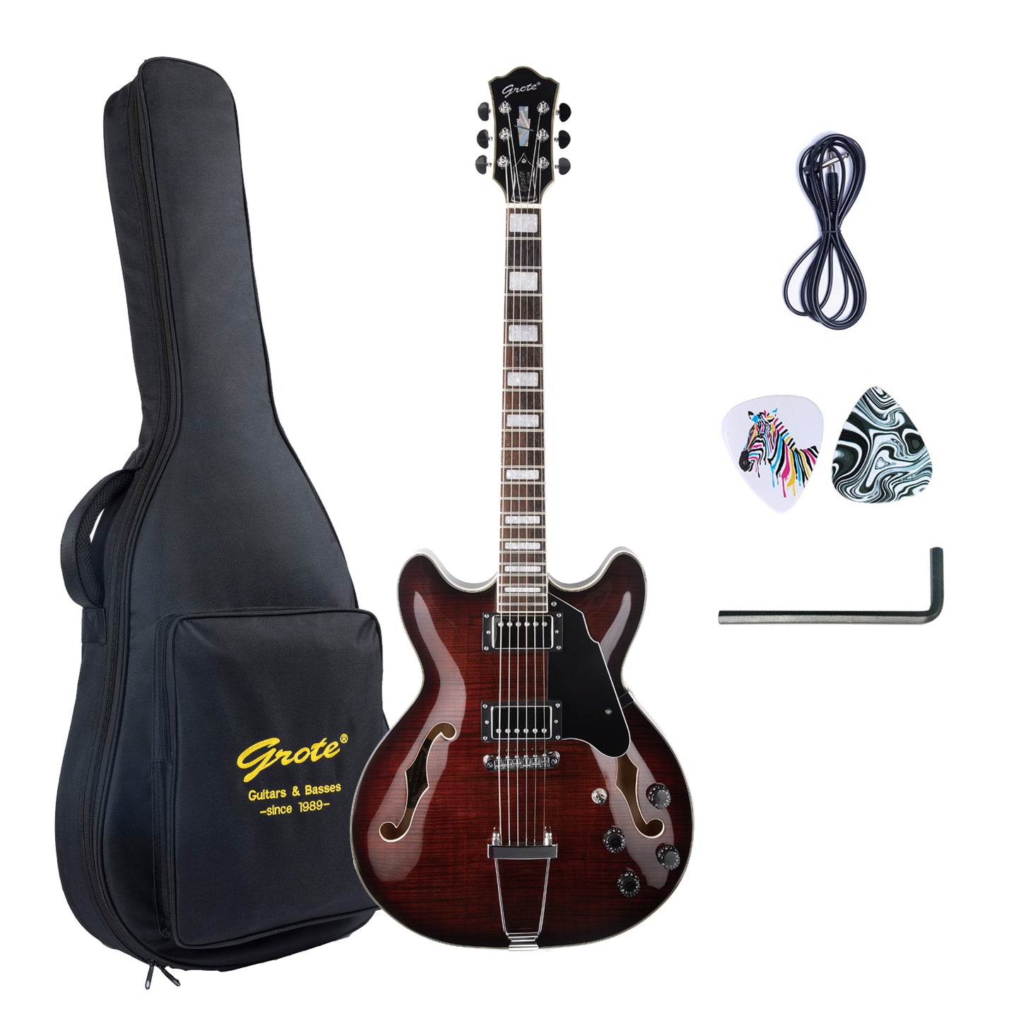 GROTE Jazz Electric Guitar Water Ripple Semi-Hollow Body Trapeze Tailpiece Guitar Bag