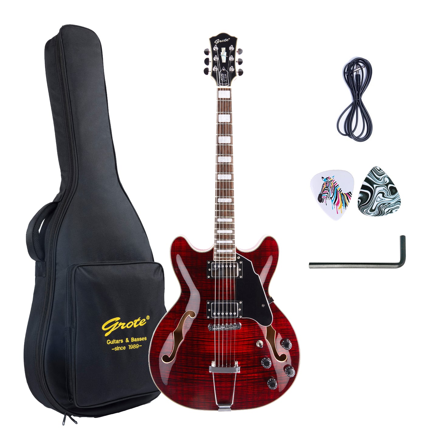 GROTE Jazz Electric Guitar Water Ripple Semi-Hollow Body Trapeze Tailpiece Guitar Bag