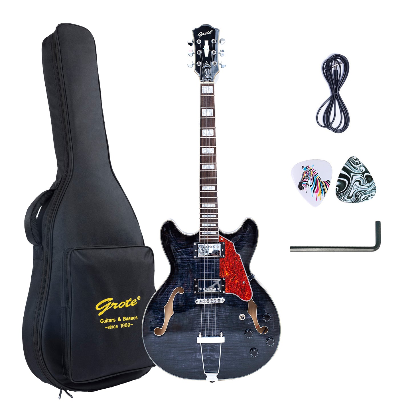 GROTE Jazz Electric Guitar Water Ripple Semi-Hollow Body Trapeze Tailpiece Guitar Bag